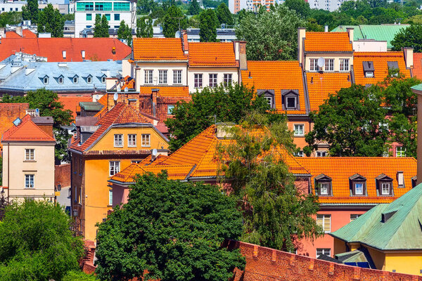 Warsaw, Poland colorful houses in Old Town of polish capital aerial view