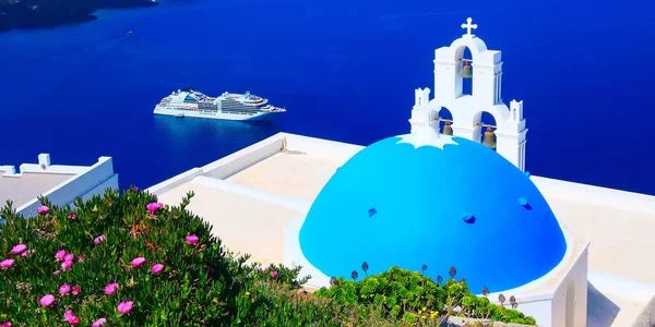 Sea, cruise ship and church, Santorini, Greece