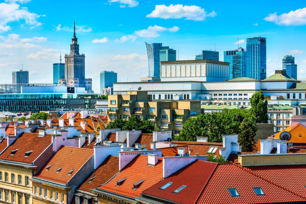 Warsaw, Poland modern skyscrapers and old colorful houses in Old Town of polish capital skyline aerial view