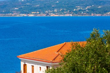Pylos, Yunanistan ev çatı, zeytin ağacı ve deniz manzaralı