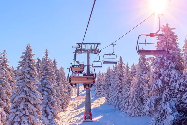 Ski resort view, chair lift, slope — Stock Photo, Image