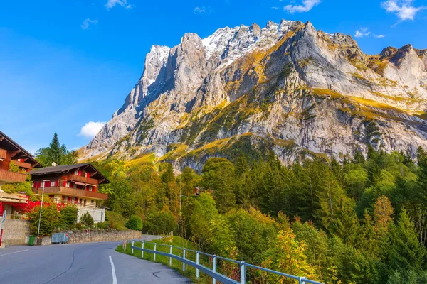 Grindelwald, Zwitserland straat en bergen uitzicht — Stockfoto