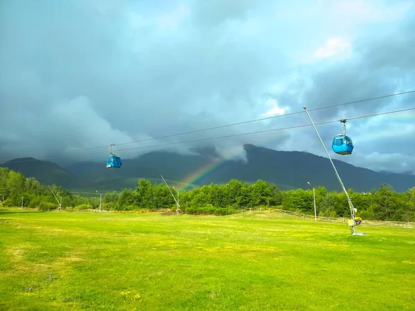 Summer Bansko, Bulgaria landscape with rainbow — Stock Photo, Image