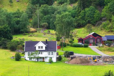 Flam yakınlarındaki Norveç köyü evleri