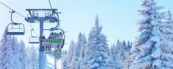 Ski resort view, chair lift banner panorama — Stock Photo, Image