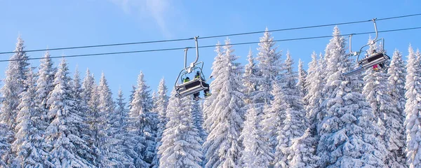 Баннер, подъемник и снежные деревья на зимнем курорте — стоковое фото