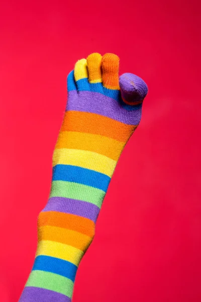 Legs Funny Socks Bright Red Background — Stock Photo, Image