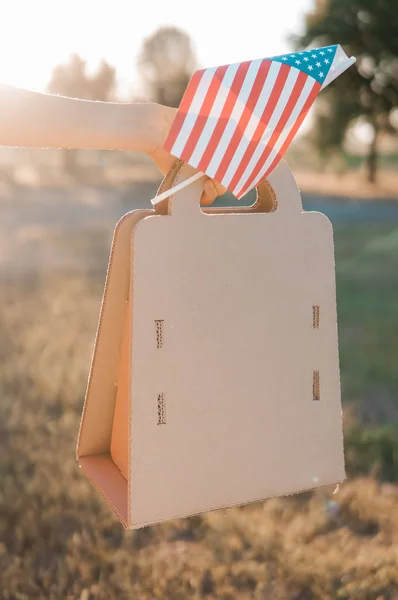 Woman Paper Bag American Flag Sunset — Stock Photo, Image