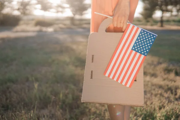 Woman Paper Bag American Flag Sunset — Stock Photo, Image