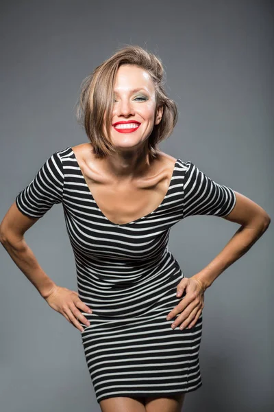 Funny Happy Woman Wearing Stripes Dress Grey Background — Stock Photo, Image