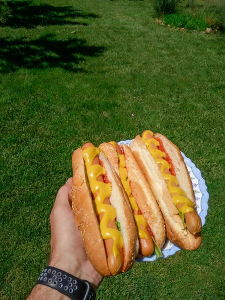 Cachorros Quentes Família Uma Mão Homem Lanches Verde Verde Preparado — Fotografia de Stock