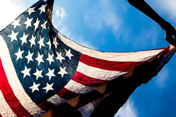 Grunge American Flag Waving Hands Wind Sunset Sky — Stock Photo, Image