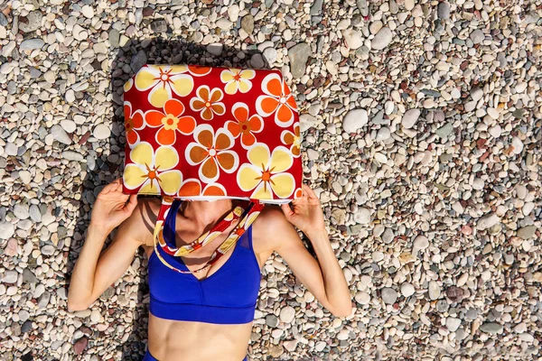 Happy Traveler Sunbathing Lying Stones Beach Funny Beach Woman Wearing — Stock Photo, Image