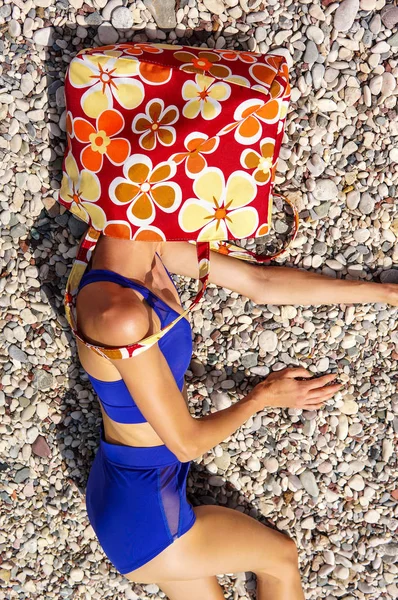 Happy Traveler Sunbathing Lying Stones Beach Funny Beach Woman Wearing — Stock Photo, Image