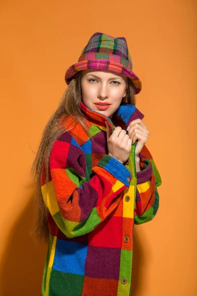 Autumn Woman Colorful Coat Hat Warm Orange Background Autumn Woman — Stock Photo, Image