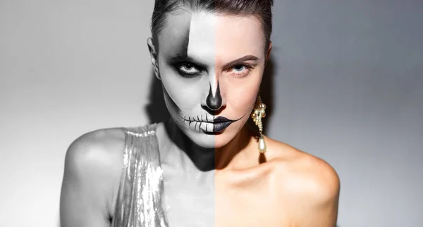 Halloween Beautiful Woman Bright Black Halloween Makeup Isolated Gray Background — Stock Photo, Image