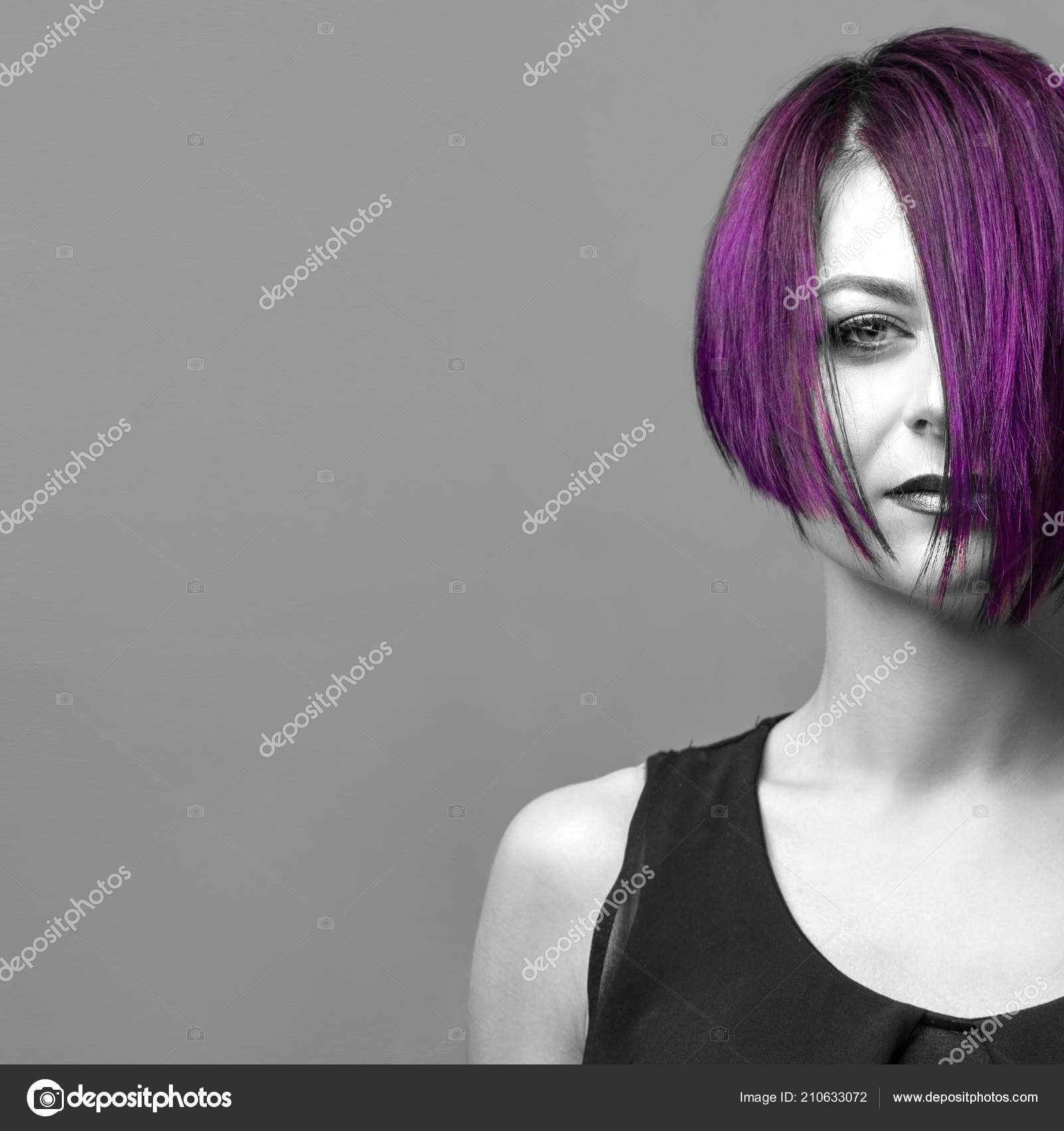 Fashion Woman Purple Short Hair Gray Background Copy Space Stock