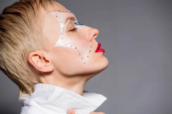 Independence Day July Young Woman National American Flag Makeup — Stock Photo, Image