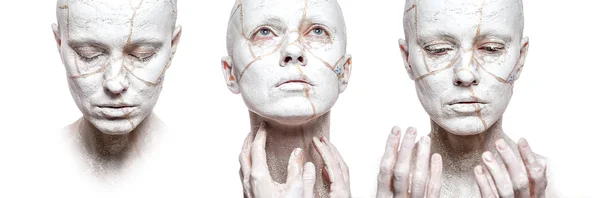 Stages Acceptance Three Woman Faces Clay Face Isolated White — Stock Photo, Image