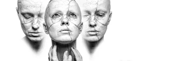 Stages Acceptance Three Woman Faces Clay Face Black White Copy — Stock Photo, Image