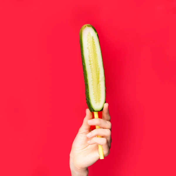 Women Hand Holding Cucumber Erotic Concept Design — Stock Photo, Image