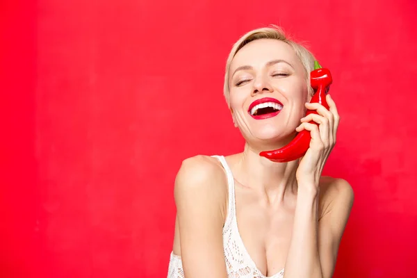 Young Cute Woman Red Pepper Isolated Red Backgroound Salad Woman — Stock Photo, Image