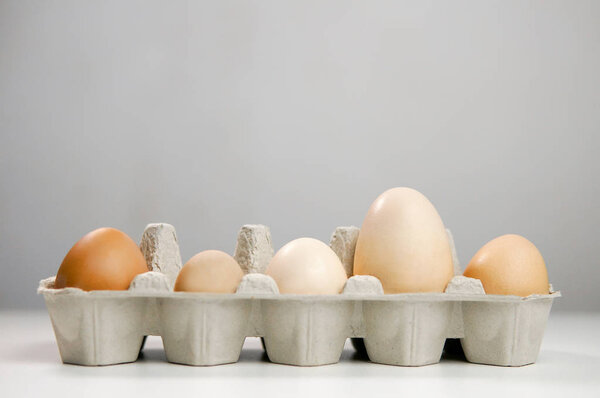 Close-up view of raw chicken eggs in egg box on light background