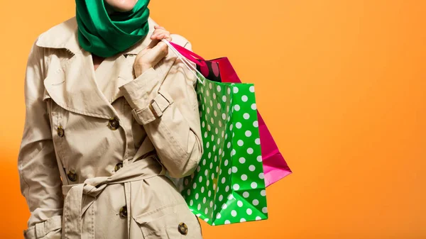 Feliz Primavera Otoño Mujer Compras Con Bolsas Compras — Foto de Stock