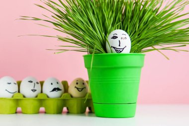 Paskalya arka plan kavramı ile komik Paskalya yumurtaları ve yeşil çimen