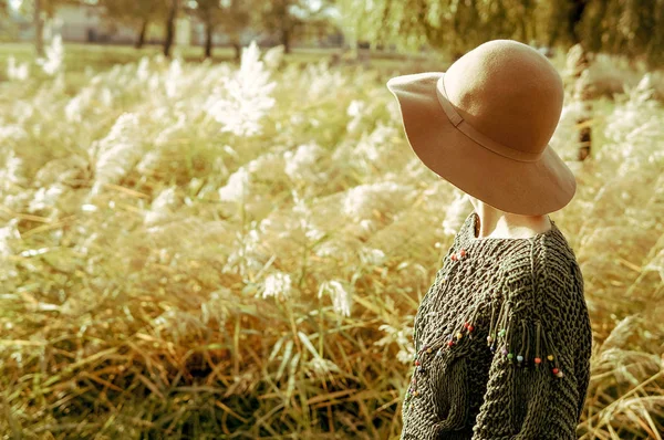 Bella Giovane Donna Che Indossa Maglione Maglia Cappello Feltro Godendo — Foto Stock