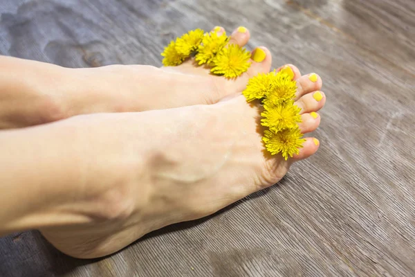 Pedicure Perfetta Fiore Primaverile Sfondo Legno — Foto Stock