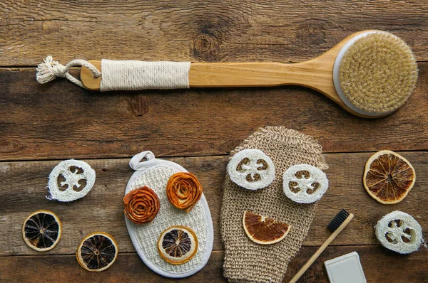 Baño Esponjas Para Cuidado Del Cuerpo Fondo Spa Creativo Con — Foto de Stock