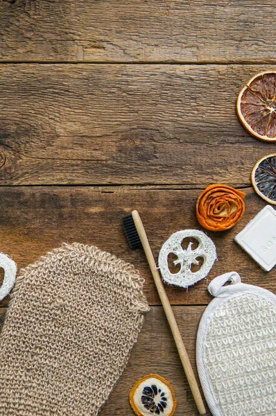 Badkamer Lichaamsverzorging Sponzen Creatieve Spa Achtergrond Met Een Ruimte Voor — Stockfoto