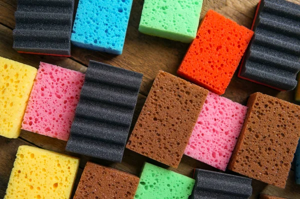 Conceito Dia Limpeza Fundo Colorido Com Esponjas — Fotografia de Stock