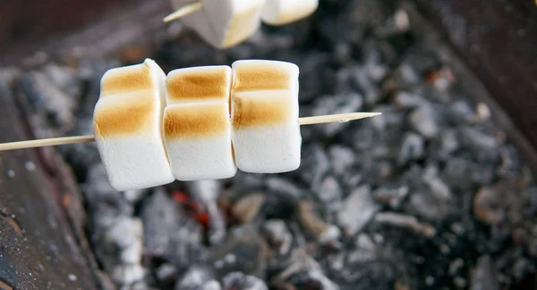 Delicious and sweet marshmallows on stick over the bonfire