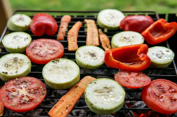 夏や春のピクニックに屋外で準備健康食品 石炭のグリルに野菜を焼きます 牧草地でのバーベキューピクニック — ストック写真