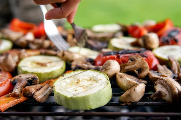 Healthy Vegetarian Vegan Picnic Delicious Grilled Food Family Eating Forks — Stock Photo, Image