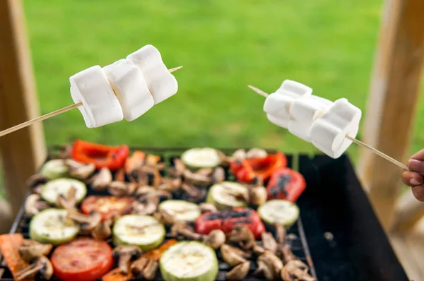 Festa Churrasco Num Jardim Alimentos Saudáveis Preparando Livre Verão Piquenique — Fotografia de Stock