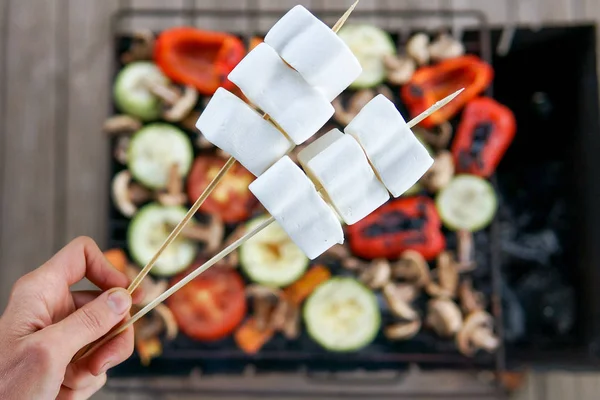 Barbecue Wooden Terrace Concept Grilled Vegetables Marshmallow Outdoors — Stock Photo, Image