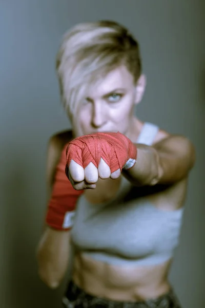 Boxer Woman Portrait Red Boxing Hand Wraps — Stock Photo, Image
