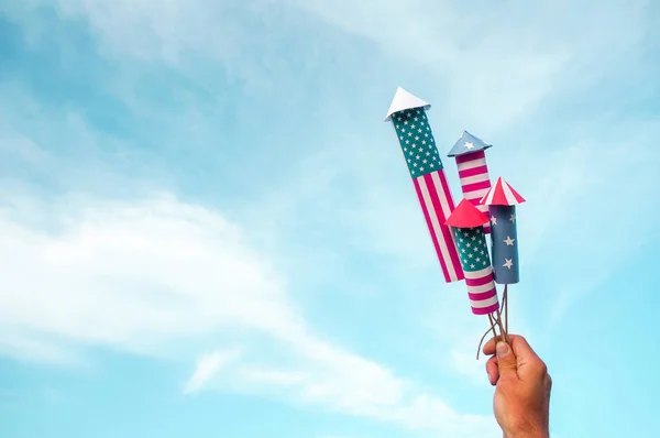 Happy Fourth July Woman Man Hand Holding Fireworks Rockets National — Stock Photo, Image