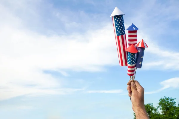 Happy Fourth July Woman Man Hand Holding Fireworks Rockets National — Stock Photo, Image