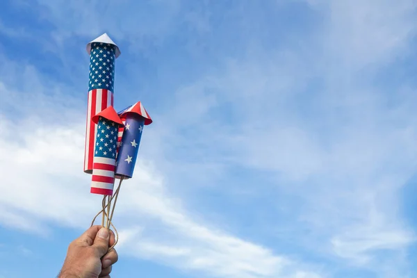 Happy Fourth July Woman Man Hand Holding Fireworks Rockets National — Stock Photo, Image