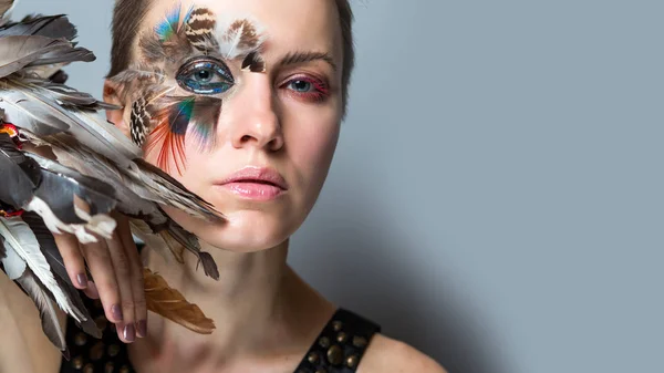 Woman Bright Makeup Hailf Woman Half Bird Concept — Stock Photo, Image