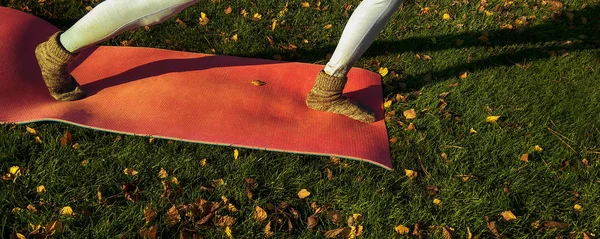 Yoga Girl Autumn Park Yoga Mat Green Carpet Fallen Yellow — Stock Photo, Image