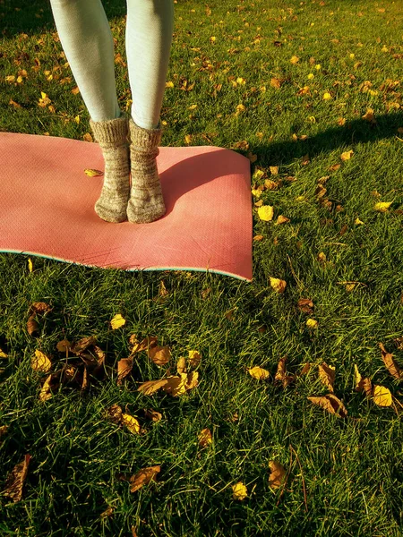 瑜伽女孩在秋天公园与瑜伽垫在绿色地毯与落黄的叶子 有趣的秋天腿穿羊毛袜子和做瑜伽在寒冷的秋天公园在早上 — 图库照片