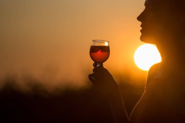 Mutlu esmer kadın günbatımı gökyüzü üzerinde buzlu aperol spritz tutan