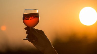 Mutlu esmer kadın günbatımı gökyüzü üzerinde buzlu aperol spritz tutan