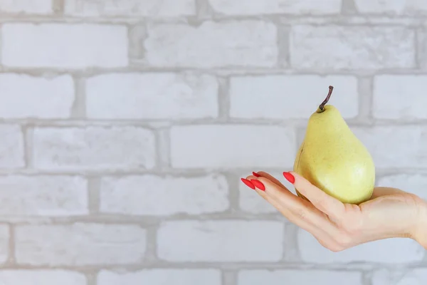 Healthy Organic Pear Woman Hand Brick Wall — Stock Photo, Image