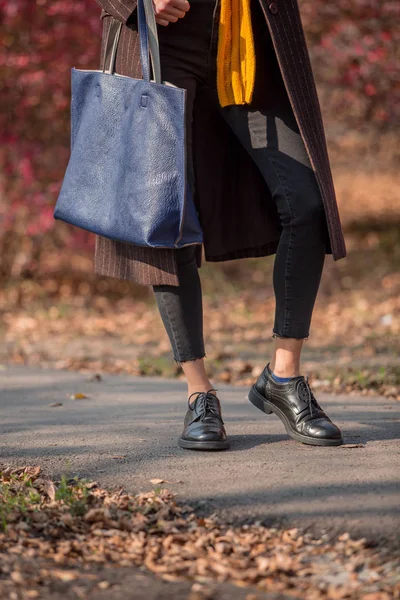 Модная Осенняя Женщина Трикотажном Осеннем Наряде Прогуливается Осеннему Парку — стоковое фото